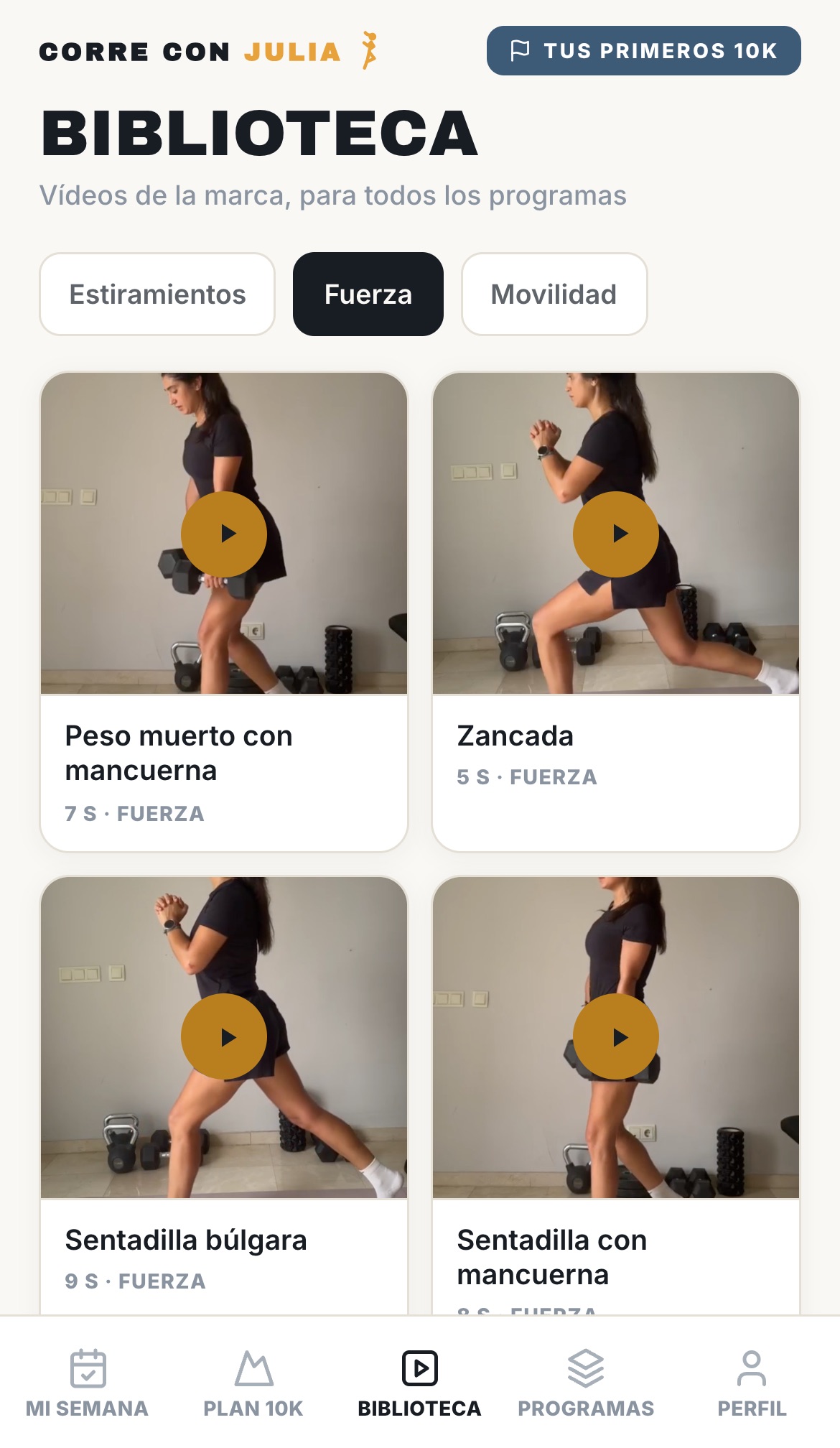 La app: la biblioteca de vídeos de ejercicios