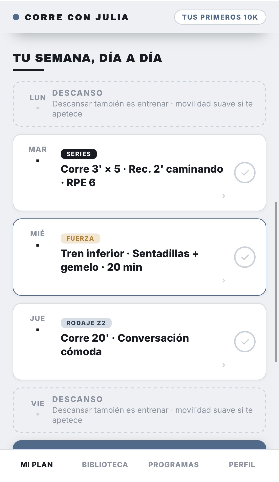 La app: tu semana, día a día